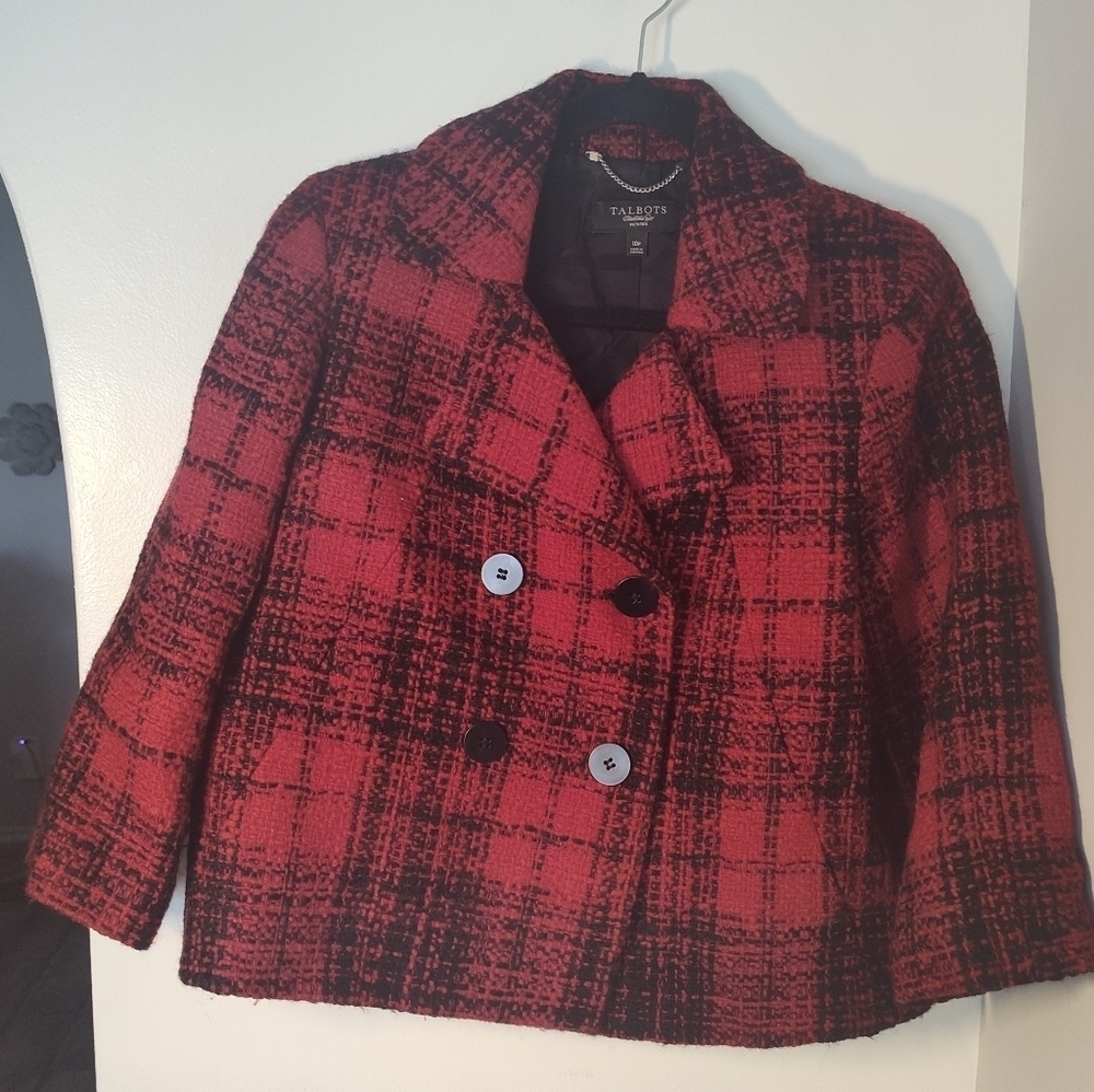Talbots Women's Black and Red Checkered Pea Coat Size 10p #717